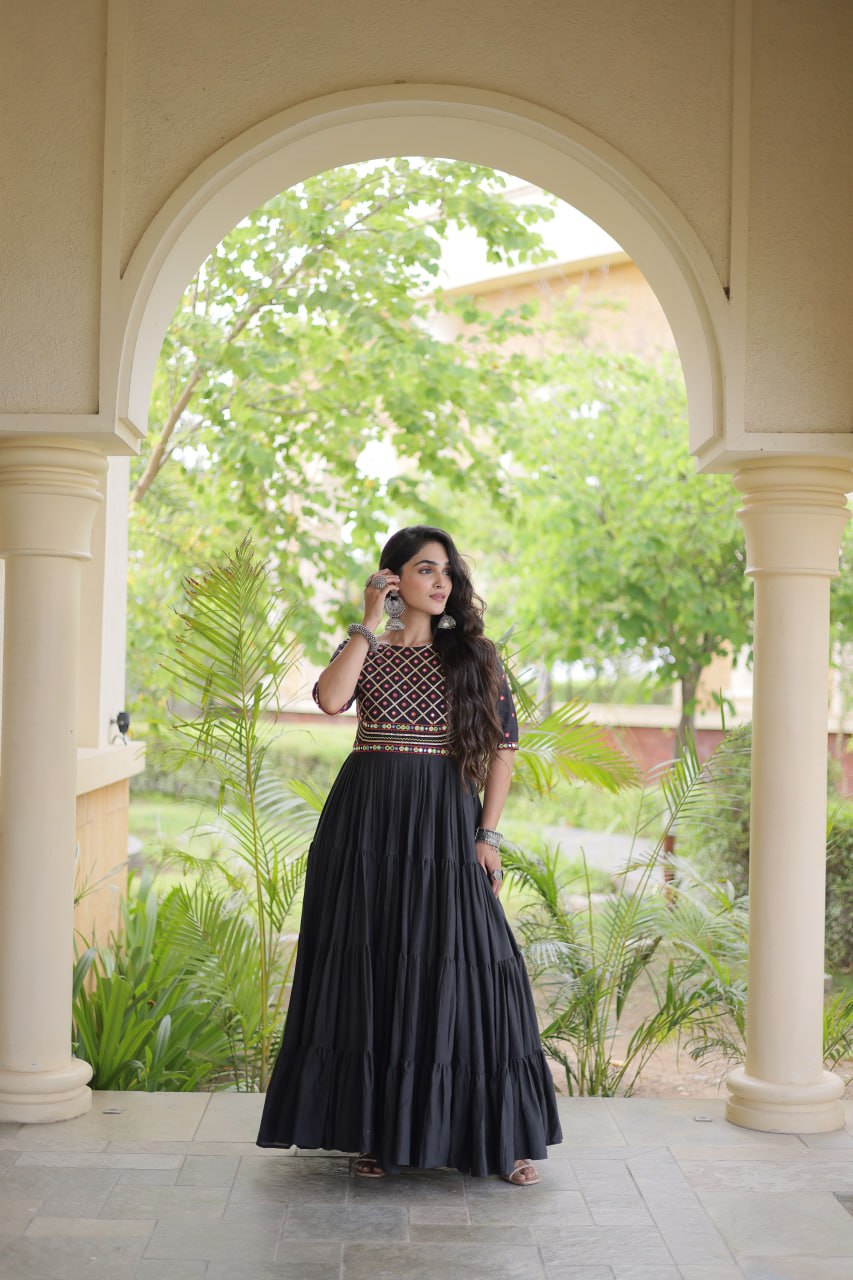 RangBhoomi Navratri Embroidered Kora Cotton Gown — Off-White & Black, 56" Length