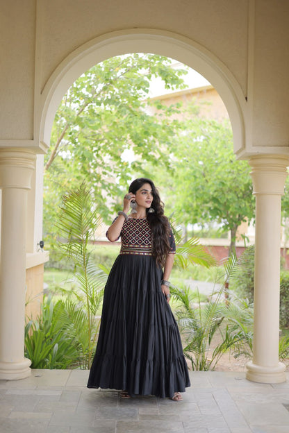 RangBhoomi Navratri Embroidered Kora Cotton Gown — Off-White & Black, 56" Length