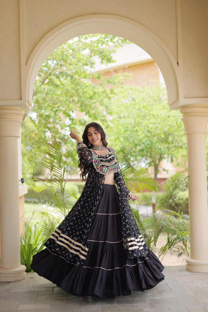 RangBhoomi Navratri 2026 Lehenga & Kurti Set – Kora Cotton Lehenga with Bandhni Faux Georgette Kurti (L, 40" Stitched)