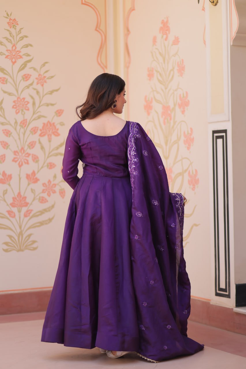 Elegant Gold Crush Embroidered Gown and Designer Dupatta Set