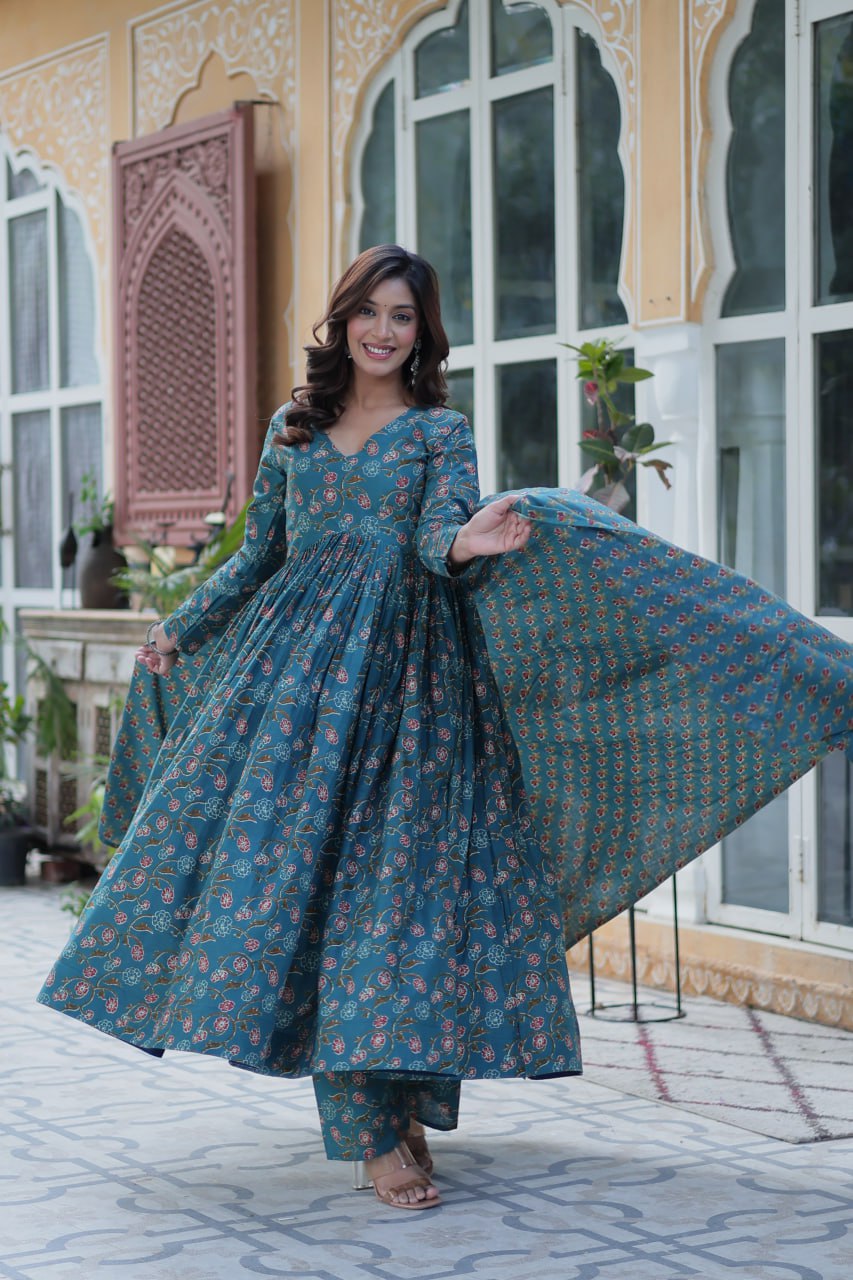 Premium Gown Set: Cotton Kurti, Pant & Dupatta
