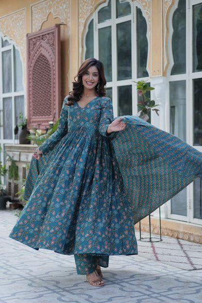 Premium Gown Set: Cotton Kurti, Pant & Dupatta