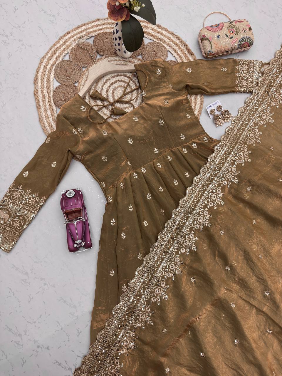 RangBhoomi Designer Embroidered Party Gown with Dupatta & Pant — Heavy Fandy Silk, 17 Colours