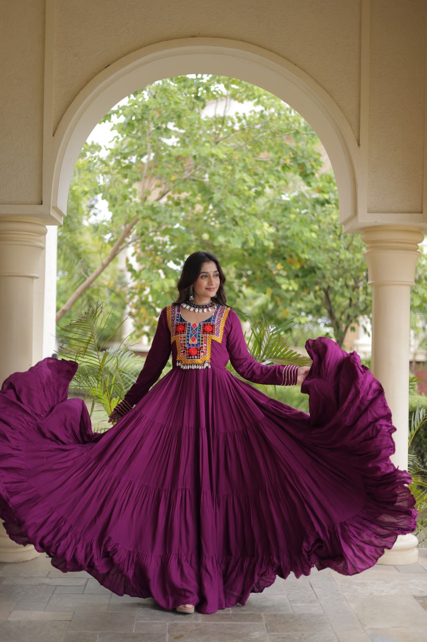 RangBhoomi Navratri Gown Collection 2026 — Wine, Rama & White Embroidered Mirror Work Gown