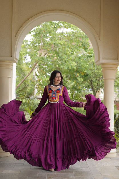 RangBhoomi Navratri Gown Collection 2026 — Wine, Rama & White Embroidered Mirror Work Gown