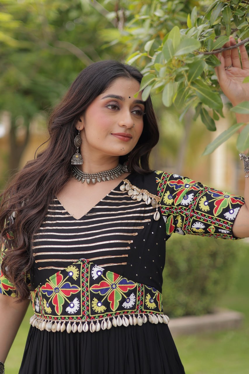 RangBhoomi Navratri Gown 2026 — Rust & Black Embroidered Multi-Tiered Festive Gown