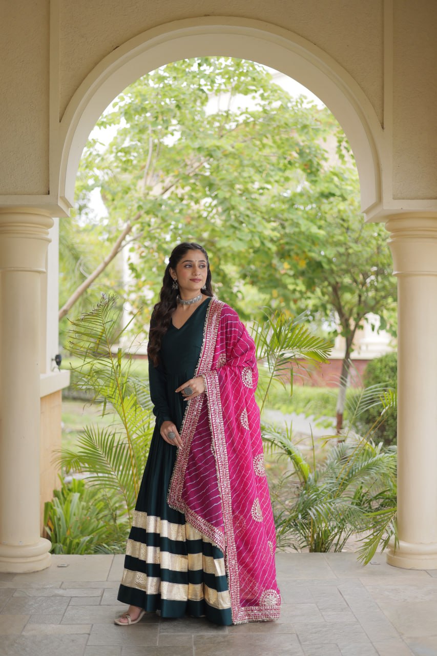 RangBhoomi Navratri Gown & Dupatta Collection 2026 – Full-Sleeve V-Neck Reyon Gown with Georgette Dupatta