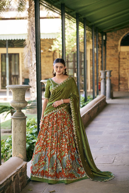Elegant Kalamkari Silk Lehenga Set with Embroidered Dupatta for Festive and Traditional Occasions