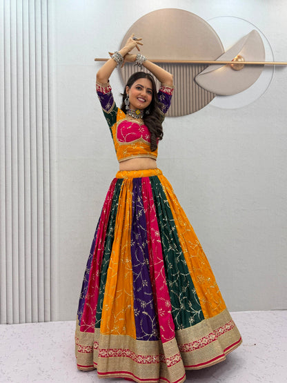 Navratri Special Vintage Chaniya Choli Ensemble - Elegant Milky Silk Embroidered Lehenga with Six-Meter Flair and Heavy Embroidered Dupatta