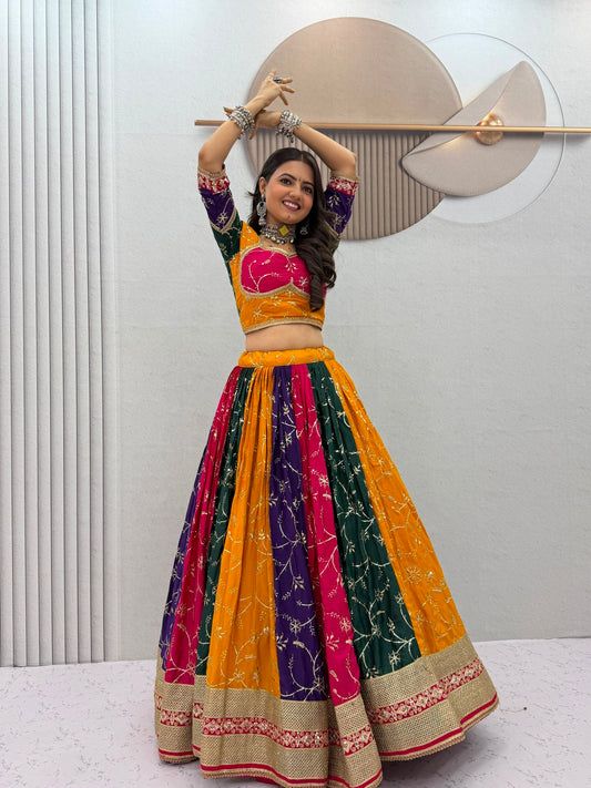 Navratri Special Vintage Chaniya Choli Ensemble - Elegant Milky Silk Embroidered Lehenga with Six-Meter Flair and Heavy Embroidered Dupatta