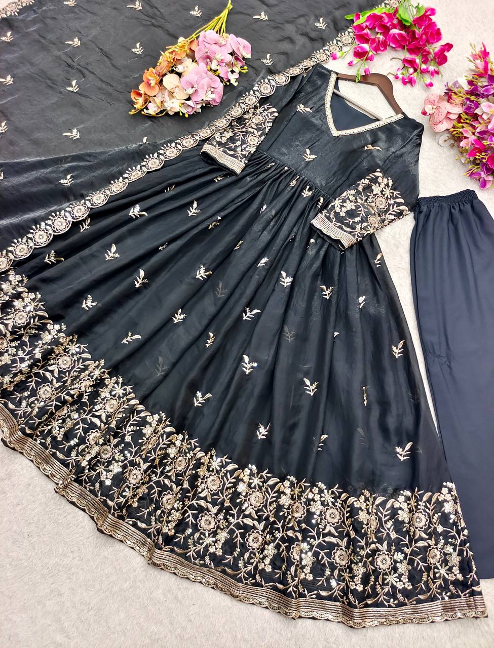 RangBhoomi Fendy Satin Silk Gown Set with Micro Silk Pants & Embroidered Dupatta