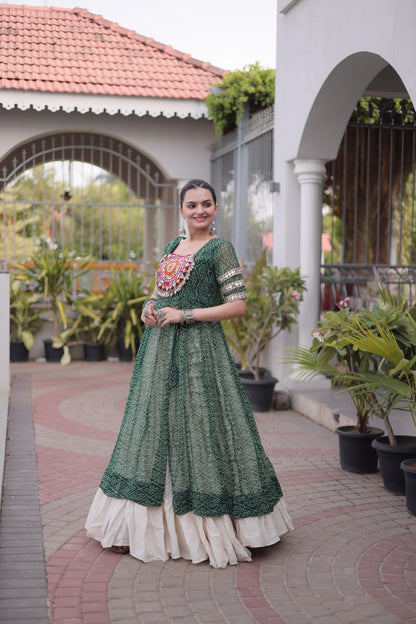 RangBhoomi Navratri 2026 Bandhani Lehenga Set — Full-Stitched Kora Cotton Lehenga with Faux Georgette Kurti