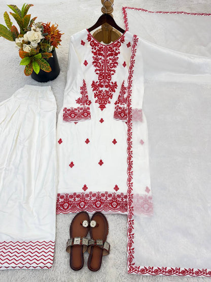 Elegant Women's Ethnic Ensemble with Embroidered Rayon Cotton Top, Farshi Pants, and GMY Silk Dupatta