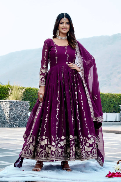 RangBhoomi Festival Long Gown with Matching Dupatta – Elegant Fox Georgette Ensemble with Heavy Sequin Embroidery