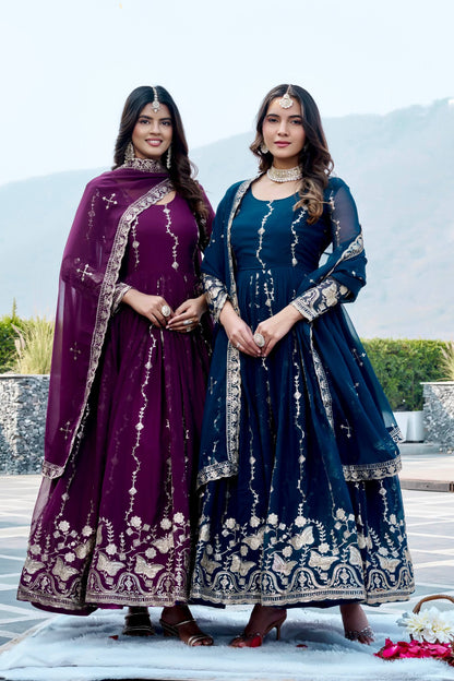 RangBhoomi Festival Long Gown with Matching Dupatta – Elegant Fox Georgette Ensemble with Heavy Sequin Embroidery