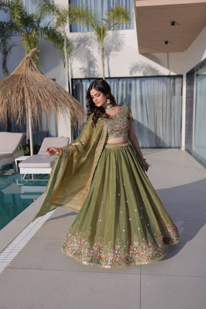 Elegant Lehenga Choli and Dupatta Ensemble in Fendi Silk with Multi-Thread Embroidery