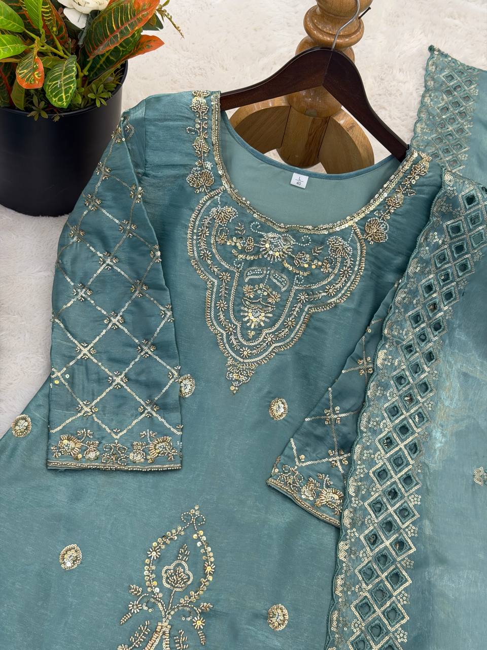 Elegant Designer Party Wear Top, Palazzos, and Dupatta Set with Intricate Heavy Embroidery and Beaded Detailing