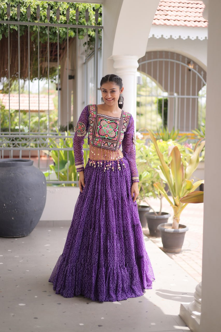 RangBhoomi Bandhni Faux Georgette Full-Stitched Lehenga Set with Designer Square Neck Blouse