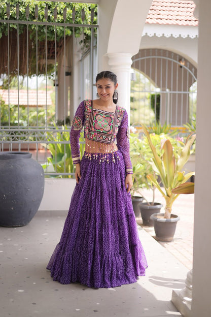 RangBhoomi Bandhni Faux Georgette Full-Stitched Lehenga Set with Designer Square Neck Blouse