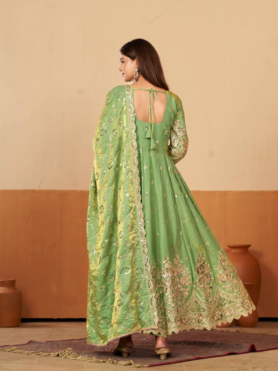 RangBhoomi Designer Party Wear Gown Set — 10 Colors, Heavy Jelly Shimmer Silk, Fully Stitched Embroidered Gown with Dupatta & Micro-Cotton Pant