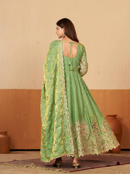RangBhoomi Designer Party Wear Gown Set — 10 Colors, Heavy Jelly Shimmer Silk, Fully Stitched Embroidered Gown with Dupatta & Micro-Cotton Pant