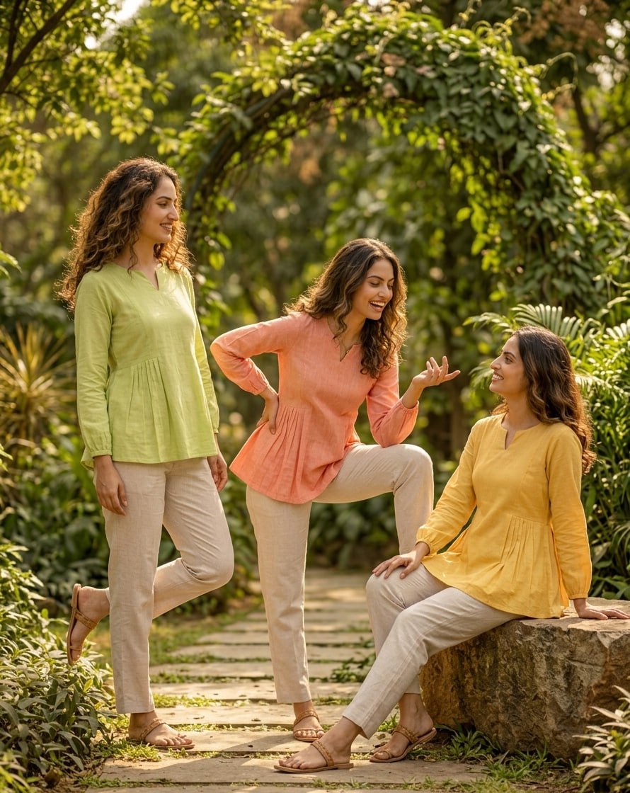RangBhoomi Elegant Linen Cotton Top and Pant Set – Full-Sleeve Frill Stitch Top with Elastic Waist Pants in Parrot, Peach, and Yellow