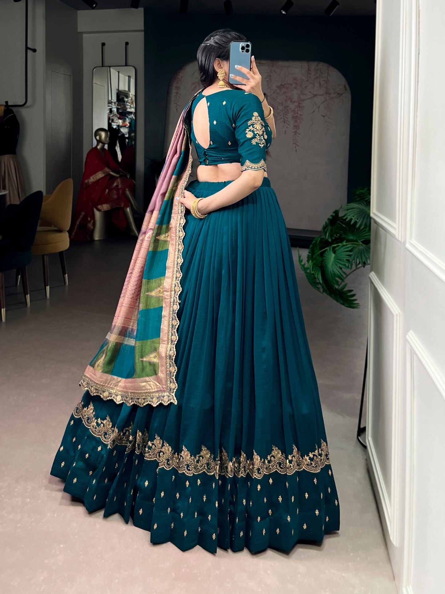 Elegant Vichitra Silk Lehenga Choli for Weddings and Festivals – Thread Embroidery & Sequins Detailing, Stitched Skirt and Unstitched Blouse, Includes Foil-Printed Dupatta with Lace Border