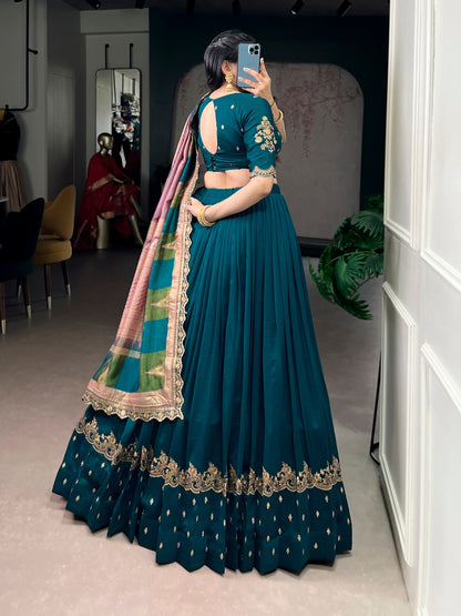 Elegant Vichitra Silk Lehenga Choli for Weddings and Festivals – Thread Embroidery & Sequins Detailing, Stitched Skirt and Unstitched Blouse, Includes Foil-Printed Dupatta with Lace Border