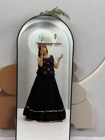 RangBhoomi Navratri Special Rion Cotton Lehenga Choli with Mirror Jacket - Fully Stitched, 6m Flair
