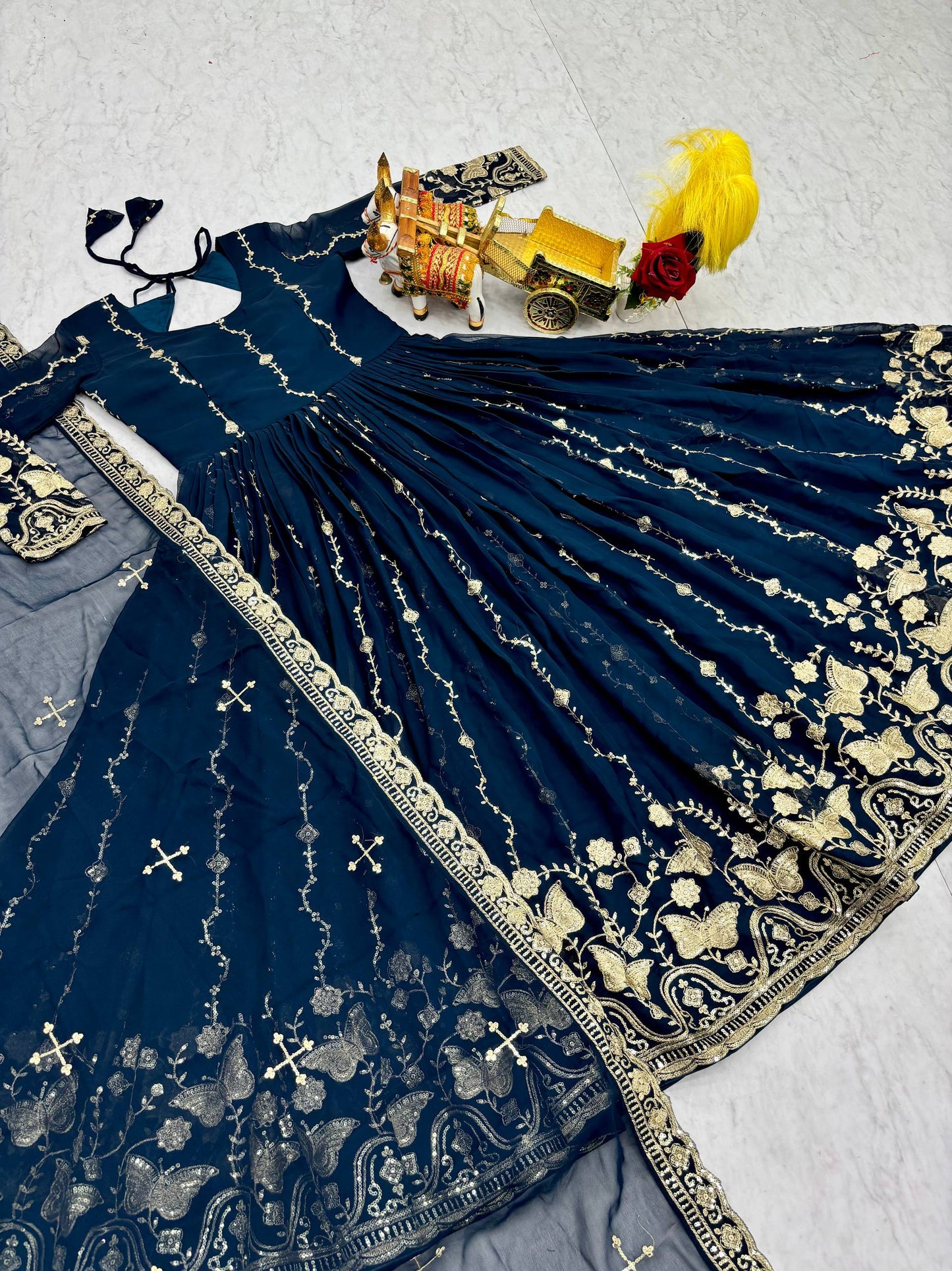 RangBhoomi Festival Long Gown with Matching Dupatta – Elegant Fox Georgette Ensemble with Heavy Sequin Embroidery