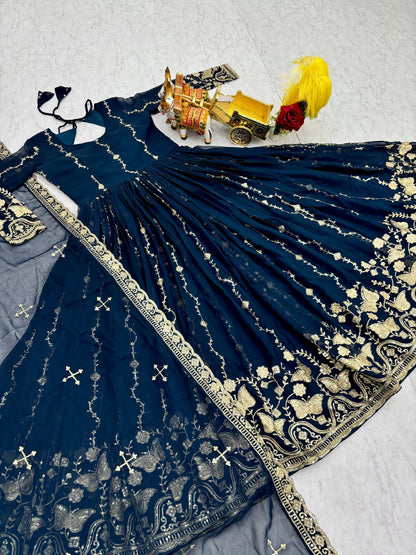 RangBhoomi Festival Long Gown with Matching Dupatta – Elegant Fox Georgette Ensemble with Heavy Sequin Embroidery
