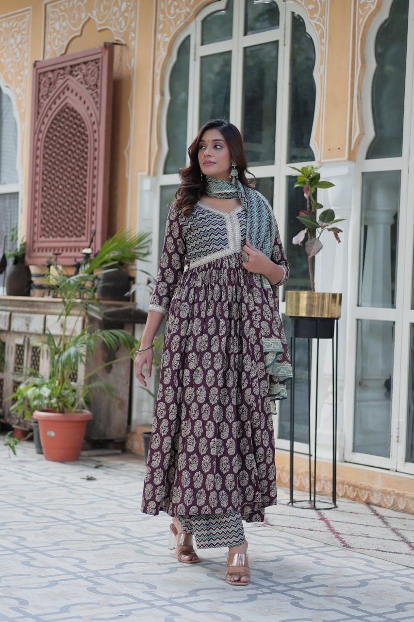 Maroon Anarkali kurti set, teal chevron dupatta, block print, full sleeves, festive ethnic styling outdoors.