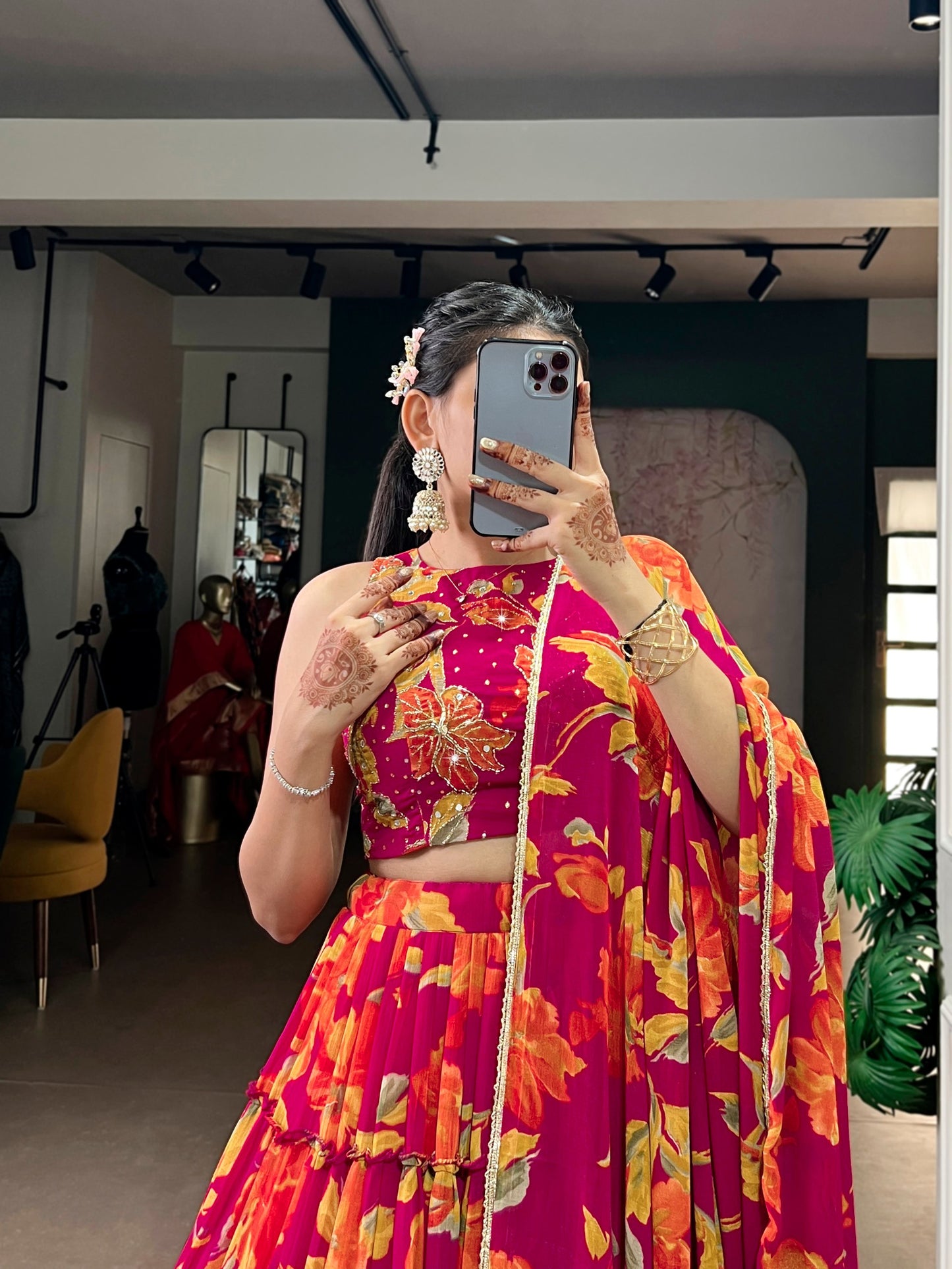 Elegant Floral Marble Print Lehenga Choli Set with Handwork and Lace Border Dupatta