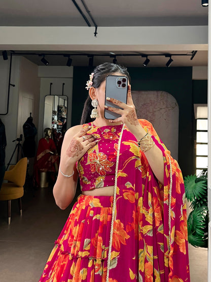Elegant Floral Marble Print Lehenga Choli Set with Handwork and Lace Border Dupatta