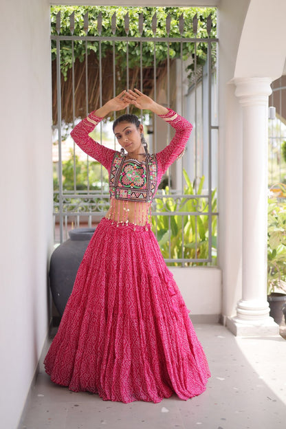 RangBhoomi Bandhni Faux Georgette Full-Stitched Lehenga Set with Designer Square Neck Blouse