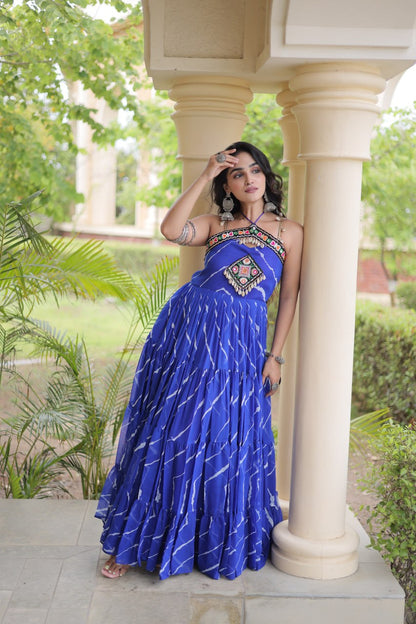 RangBhoomi Navratri Laheriya Patchwork Faux Georgette Gown - Sleeveless 56" Length, L (Adjustable 38-44)