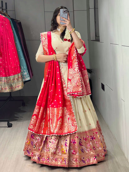 RangBhoomi Paithani Silk Lehenga Choli – Vibrant Traditional Maharashtrian Ethnic Wear with Gold Zari Detailing and Satin Silk Dupatta