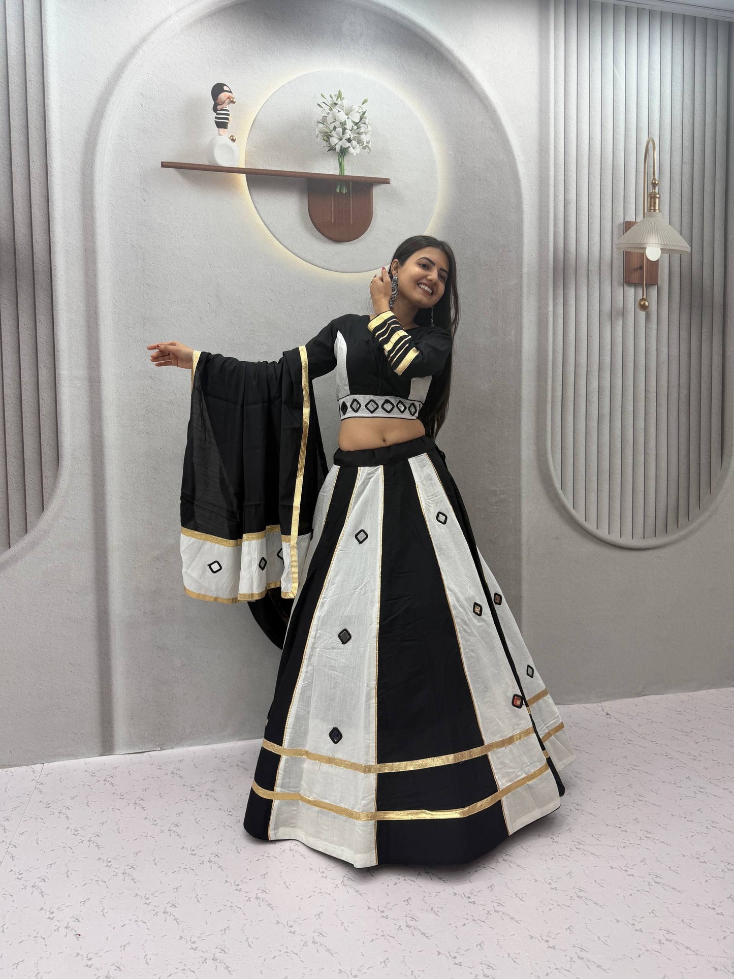 RangBhoomi Navratri Mirror-Work Roman Silk Lehenga Choli - 6+ Meter Flair