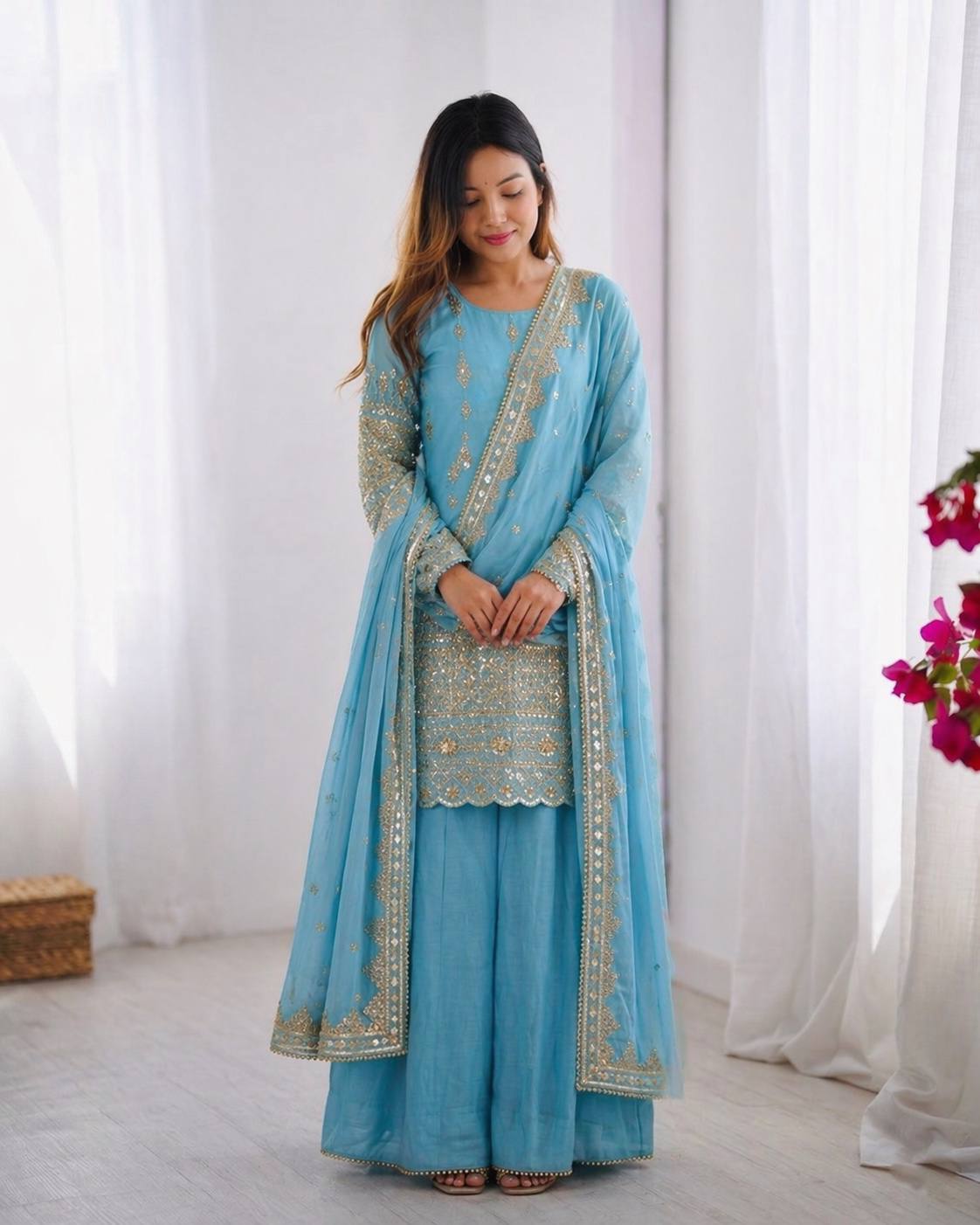 RangBhoomi Heavy Vichitra Silk Embroidered Top, Sharara & Dupatta Set