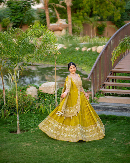 Lime green georgette lehenga choli with intricate embroidery and a flowing silhouette.