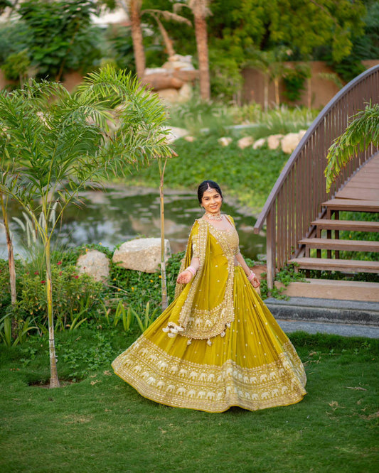 Lime green georgette lehenga choli with intricate embroidery and a flowing silhouette.