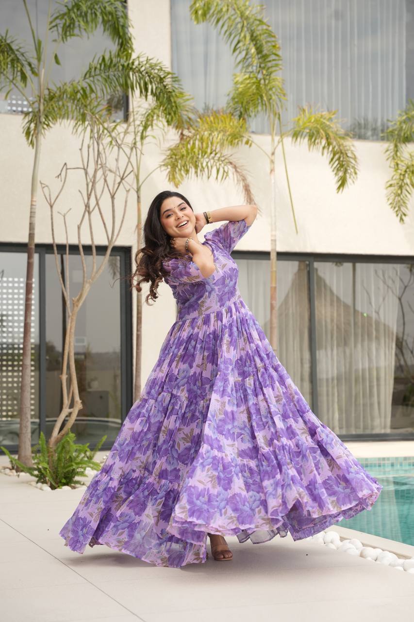 Full Flair Gown – Premium Printed Georgette, Ultimate Flare Elegance