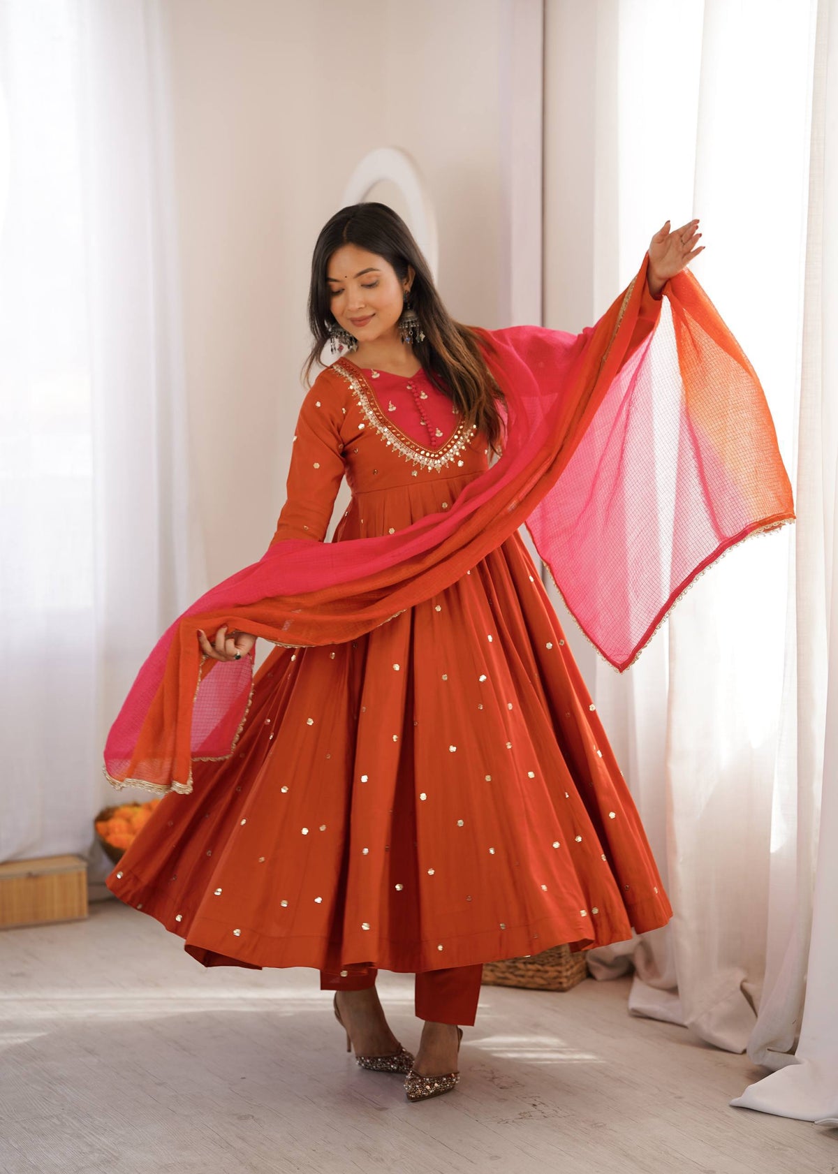 RangBhoomi Roman Silk Anarkali Set with Mirror Embroidery & Kota Chexs Dupatta - Ready-to-Wear