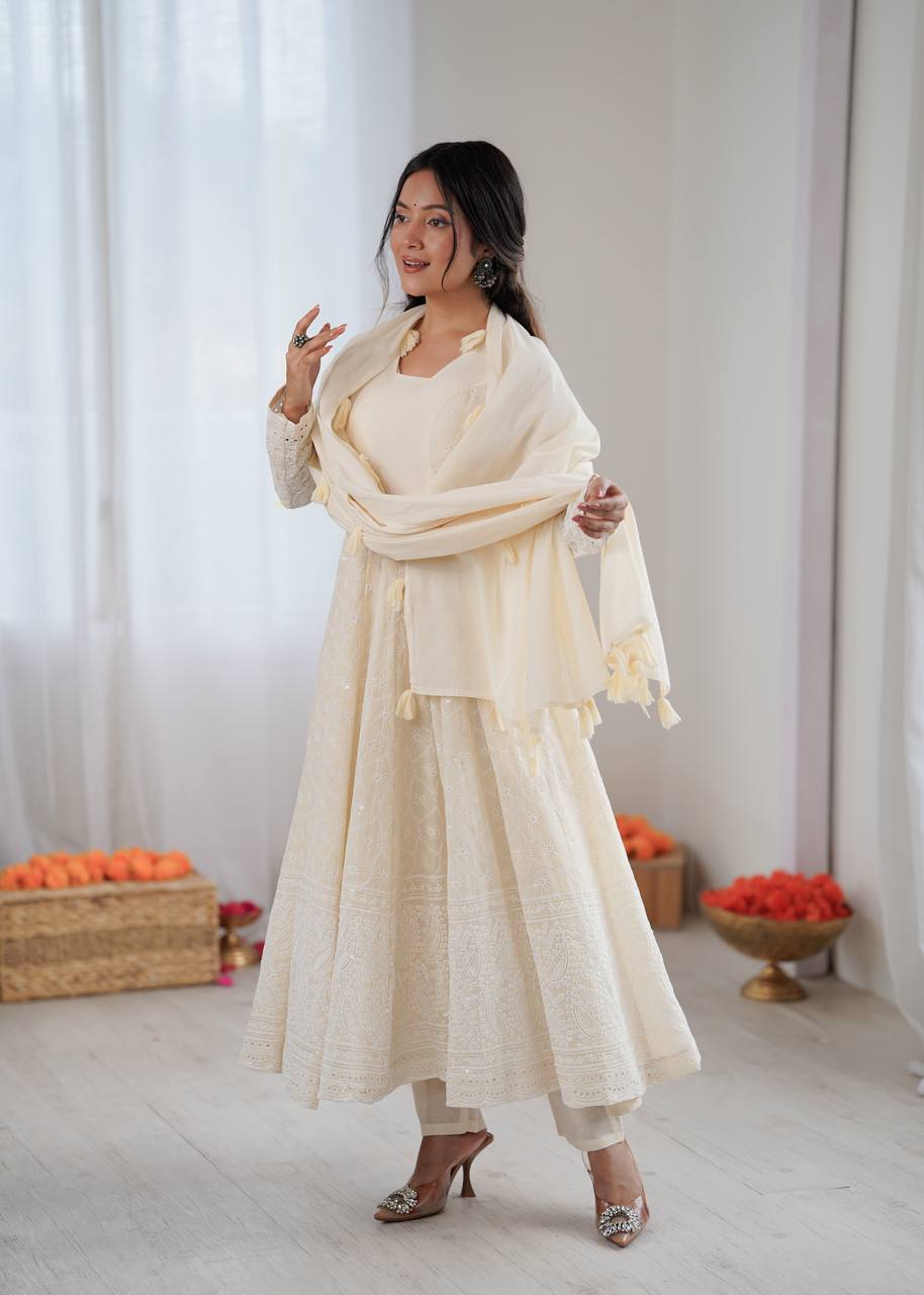 Elegant Anarkali Gown Set with Bottom and Dupatta – Pure Kora Cotton, Fully Stitched, Ready to Wear