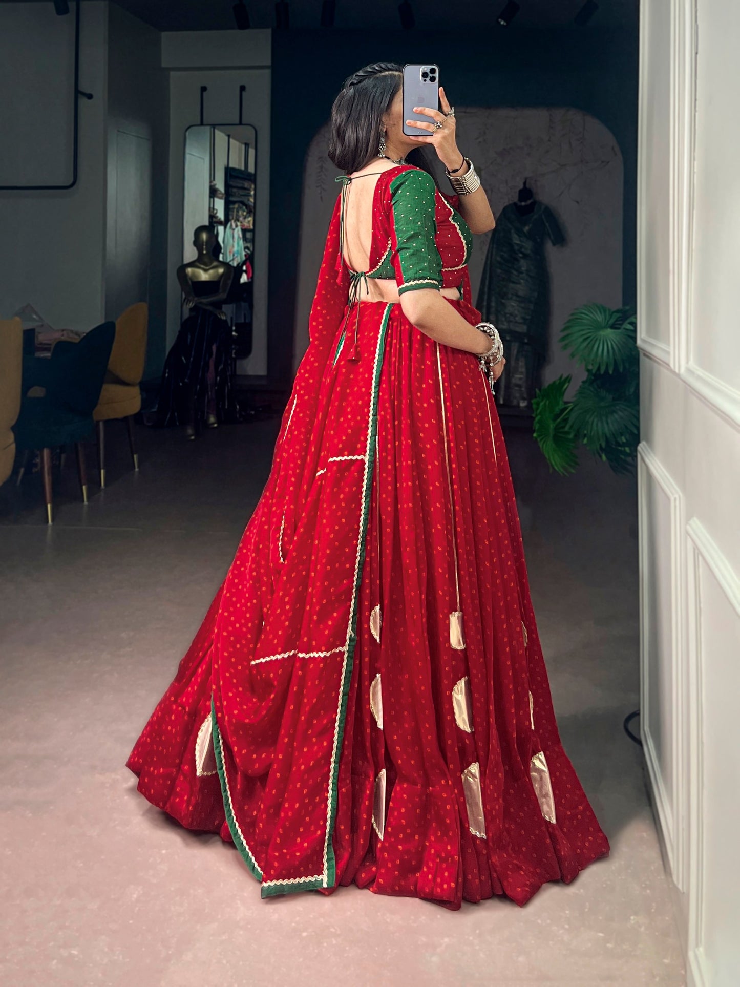 RangBhoomi Red Bandhej Satin Chiffon Lehenga Set — Navratri 2026