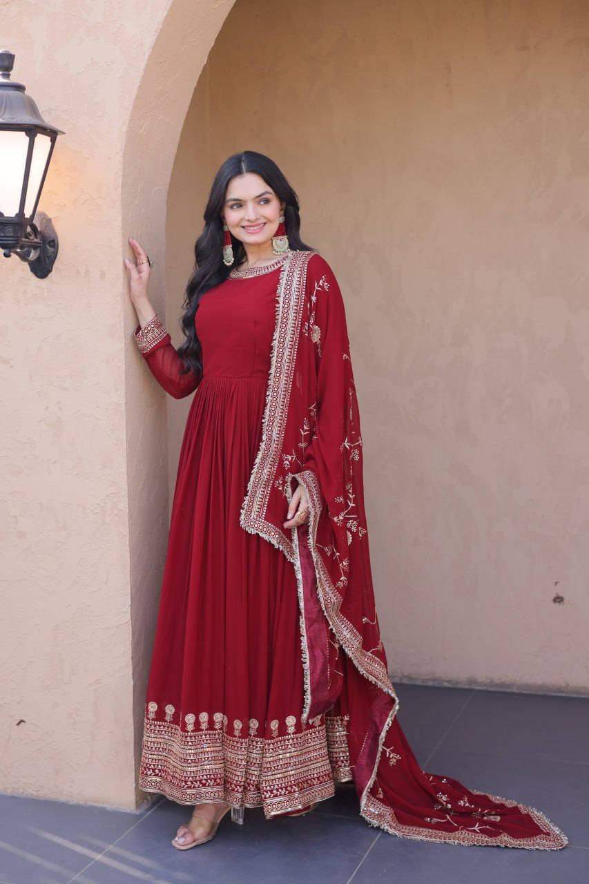 RangBhoomi Premium Maroon Embroidered Faux Blooming Ready‑Made Gown with Dupatta