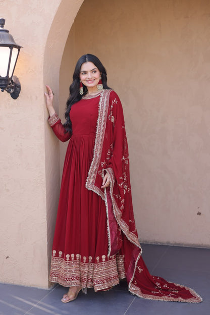 RangBhoomi Premium Maroon Embroidered Faux Blooming Ready‑Made Gown with Dupatta