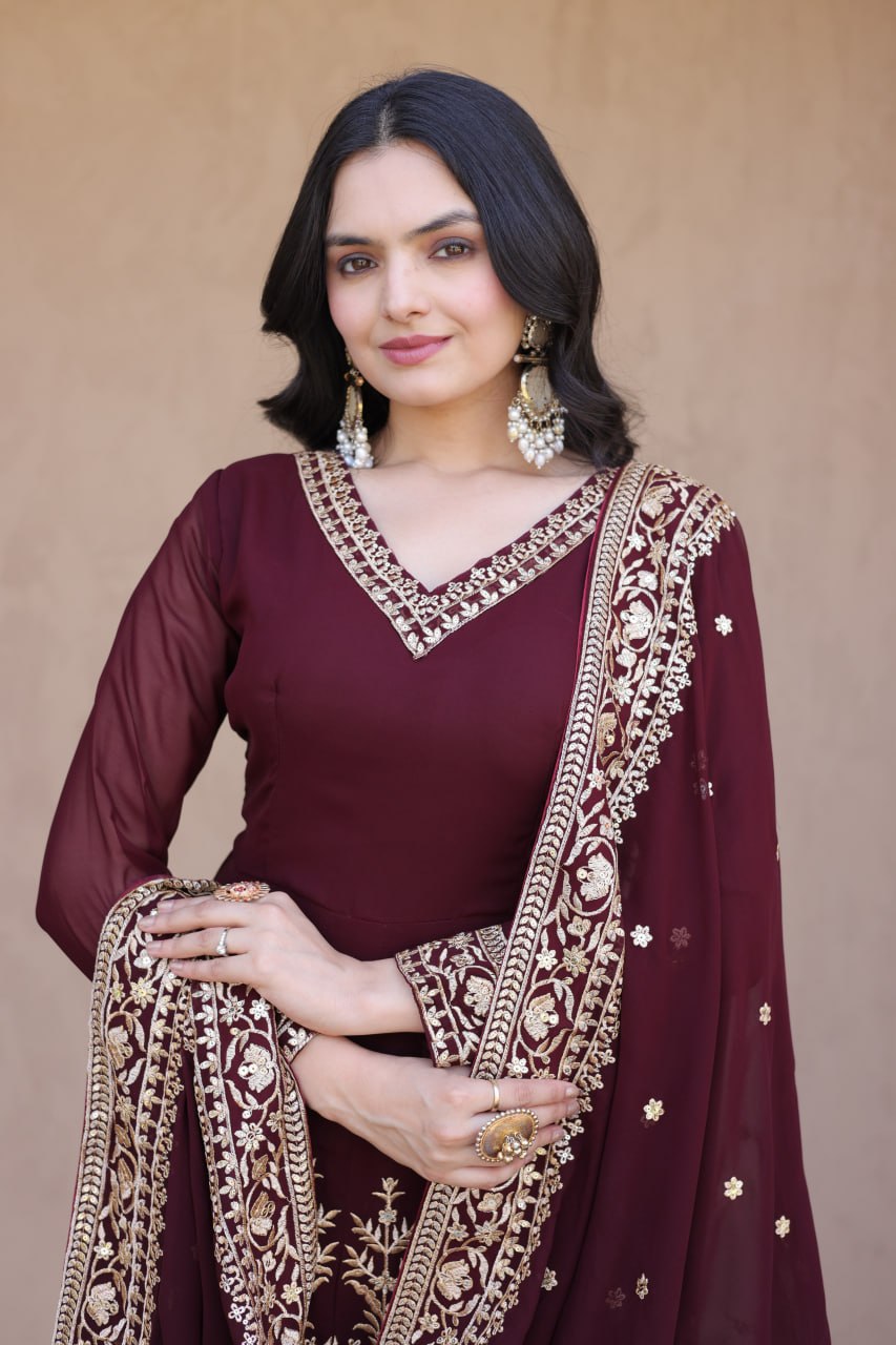 RangBhoomi Premium Readymade Gown with Pant & Dupatta Set - Embroidered Faux Blooming Festive Ensemble