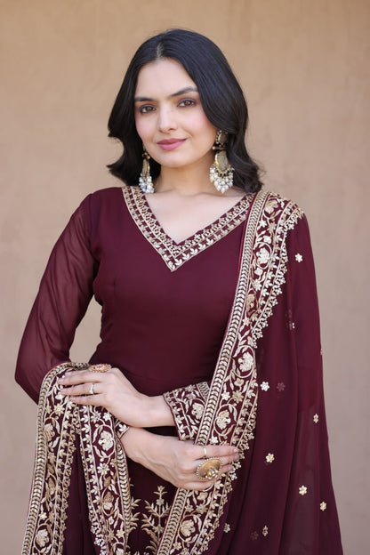 RangBhoomi Premium Readymade Gown with Pant & Dupatta Set - Embroidered Faux Blooming Festive Ensemble