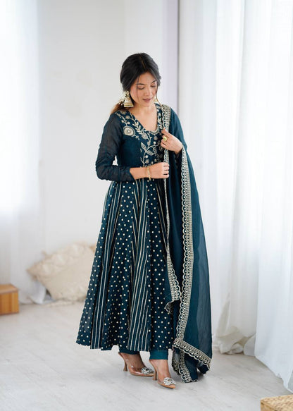 Festive Ready-to-Wear Fully Stitched Anarkali Gown Set with Embroidered Sequins and Lace-Trimmed Dupatta